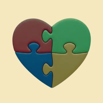 Four puzzle pieces joined into a single heart, representing family unity